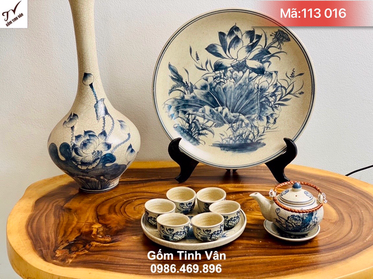 Bộ bình trà men rạn cổ, đĩa và bình, mã 113016, hoa sen vẽ tay, phong cách cổ điển, hoa văn truyền thống,  ấm chén gốm bát tràng