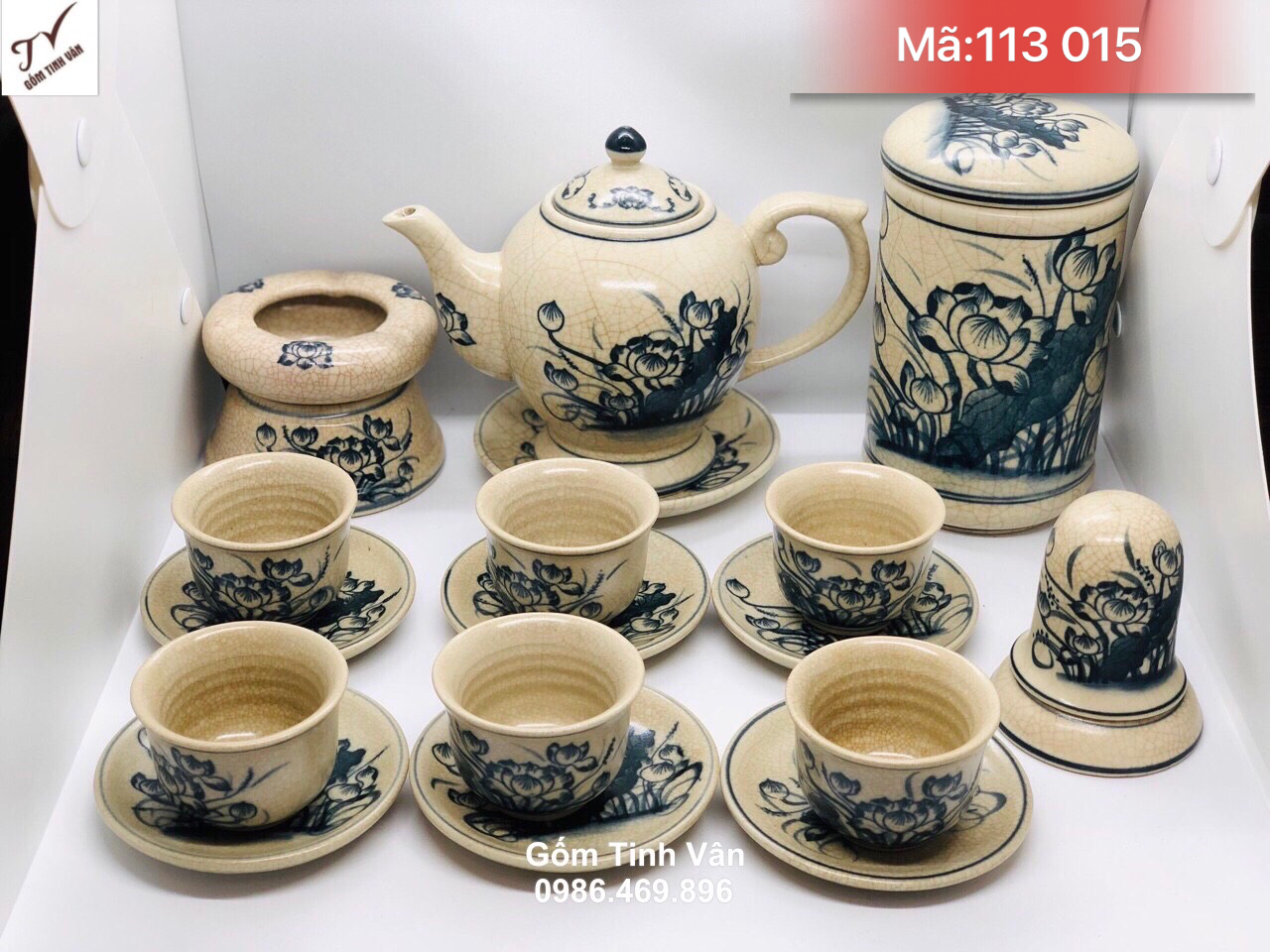 Trọn bộ bình trà men rạn cổ vẽ tay hoa sen, mã 113015, dung tích 550ml, ly trà có vân gốm vuốt, phụ kiện gạt tàn, hộp trà, ống tăm, bộ ấm chén men rạn vẽ sen bát tràng