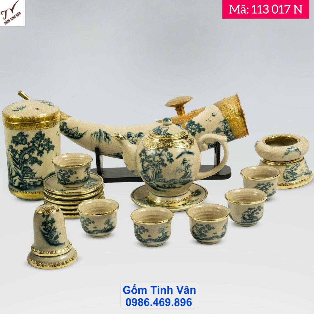 Tổng hợp 26 mẫu bộ trà, ấm chén men rạn cổ bọc viền đồng, mã 113017, đĩa cảnh, bát điếu, tẩu thuốc, gạt tàn, hộp trà, ống tăm, gốm bát tràng tinh vân