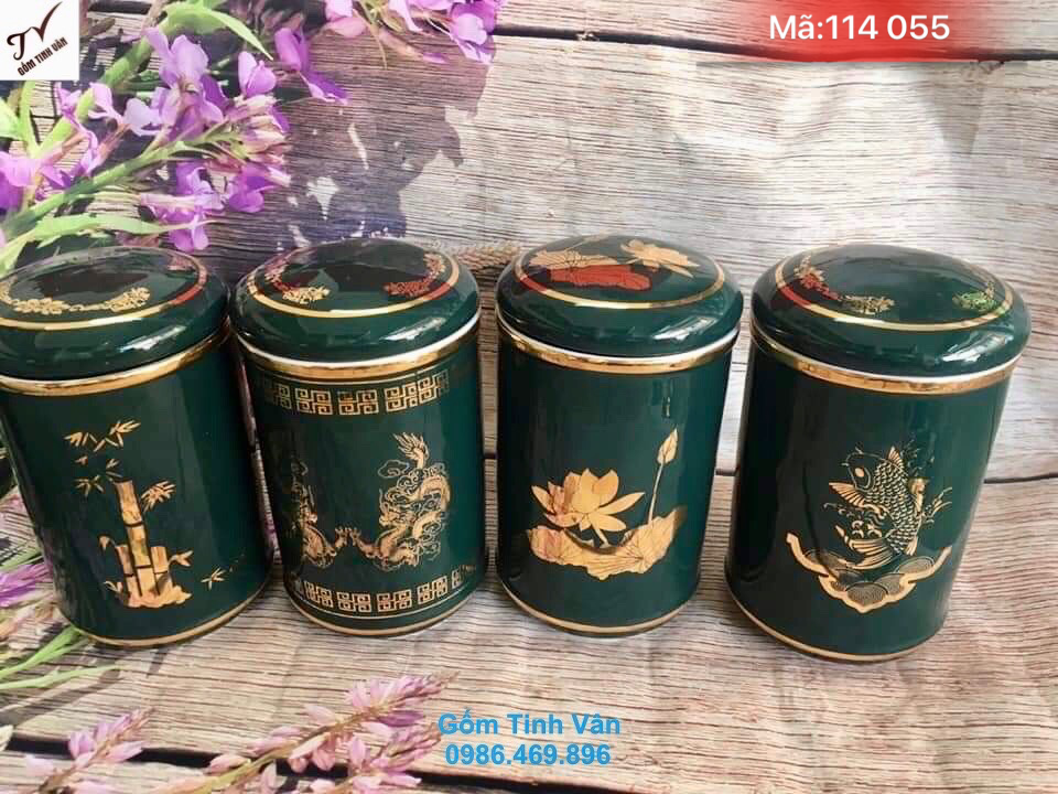 Set 4 hộp đựng trà men xanh ngọc lục bảo, mã 114055, cao 12 cm, vẽ vàng 24k, hoa văn rồng phượng, hoa sen, cá chép, bình đựng trà khô cao cấp