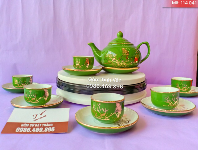 Bộ ấm chén xanh cốm, vẽ vàng 24k, mã 114041 gốm sứ bát tràng tinh vân