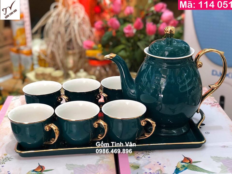 Bộ bình trà men xanh lục, viền vàng 24k sang trọng, mã 114051, khay sứ chữ nhật, dung tích 1,2 lit, ấm chén trà cao cấp