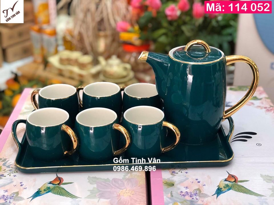 Bộ bình trà men xanh lục, viền vàng 24k sang trọng, mã 114052, khay sứ chữ nhật, dung tích 900 ml, ấm chén trà cao cấp