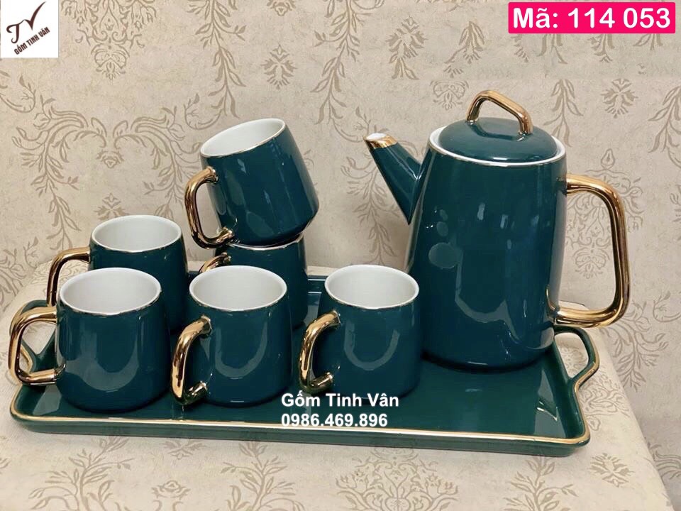 Bộ bình trà men xanh lục, viền vàng 24k sang trọng, mã 114053, khay sứ chữ nhật, dung tích 900 ml, ấm chén trà cao cấp
