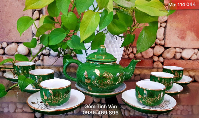 Bộ bình trà men xanh ngọc lục bảo dáng tròn, mã 114044, vẽ vàng 24k, gốm bát tràng tinh vân