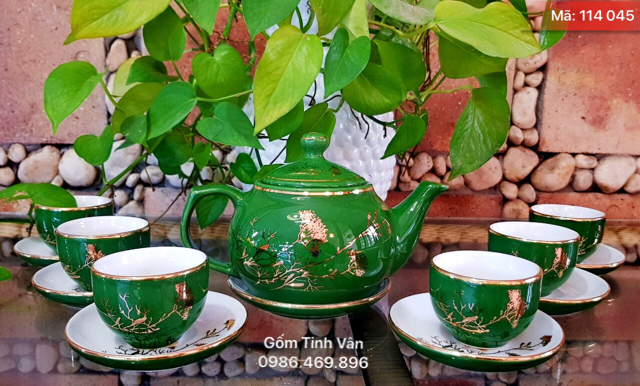 Bộ bình trà men xanh ngọc lục bảo dáng tròn, mã 114045, vẽ vàng 24k, gốm bát tràng tinh vân