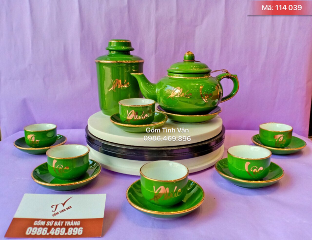 Bộ bình trà men xanh ngọc lục bảo, mã 114039, vẽ vàng 24k, phúc lộc thọ khang ninh, gốm sứ bát tràng tinh vân