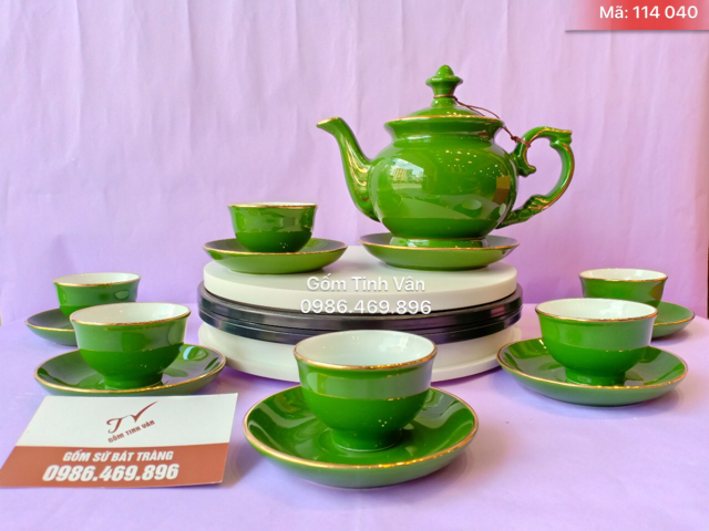 Bộ bình trà men xanh ngọc lục bảo, mã 114040, vẽ vàng 24k, dáng ấm hoàng cung, gốm sứ bát tràng tinh vân