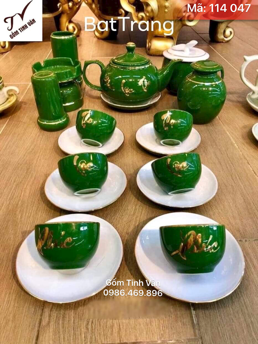 Bộ bình trà, men xanh ngọc lục bảo, mã 114048, vẽ vàng 24k, phúc lộc thọ khang ninh, kèm phụ kiện, hộp trà, gạt tàn, ống tăm, bình tráng trà, gốm bát tràng, tinh vân