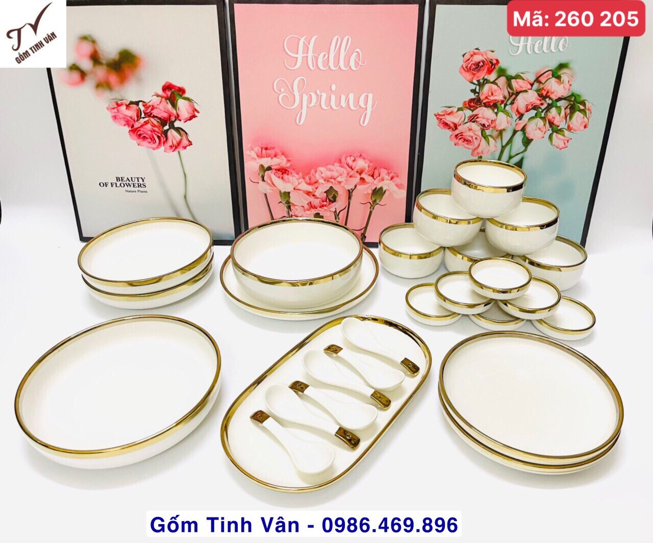 Bộ tô chén đĩa 26 món viền vàng 24 k, mã 260205, gồm 6 bát cơm, 6 bát chấm, 6 thìa, 4 đĩa, 4 tô y hình, đủ màu sắc xanh ngọc lục bảo, hồng vân đá, trắng xương trong, xanh bạc hà, gốm tinh vân