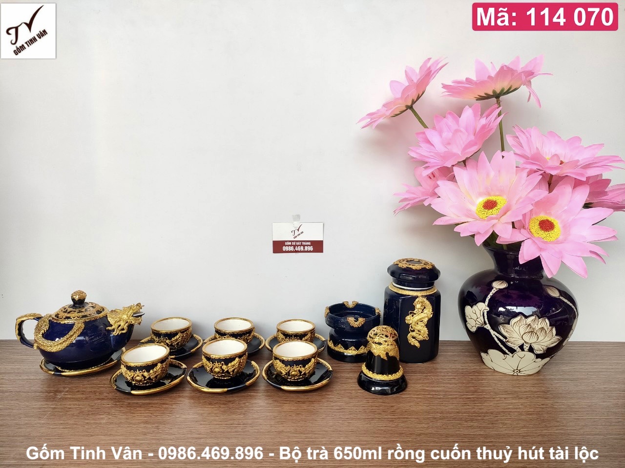 Bộ bình trà 650ml, ấm chén, mã 114070, bọc đồng mạ vàng, rồng cuốn thuỷ hút tài lộc, lưỡng long chầu nguyệt, men xanh đen, gốm bát tràng cao cấp