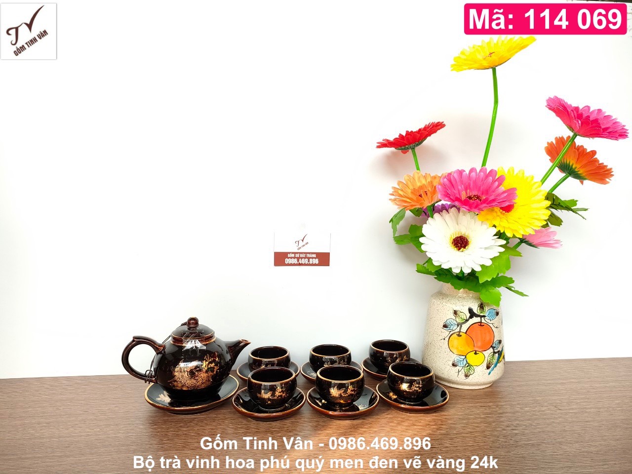 Bộ bình trà chim công vinh hoa phú quý, mã 114069, men đen, vẽ vàng 24k cao cấp, gốm bát tràng tinh vân