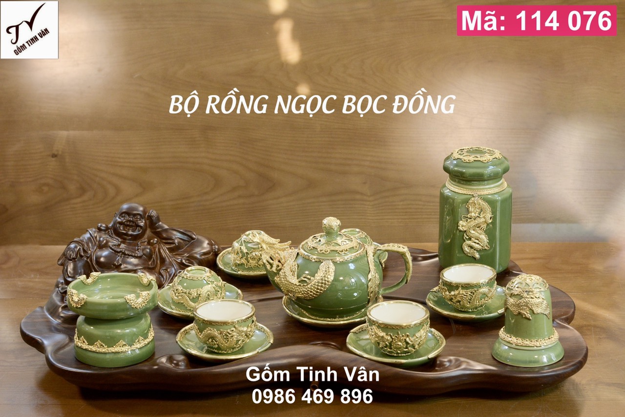 Bộ bình trà long cuốn thuỷ, hút tài lộc, mã 114076, men xanh ngọc, sang trọng, khay gỗ hương, gốm bát tràng