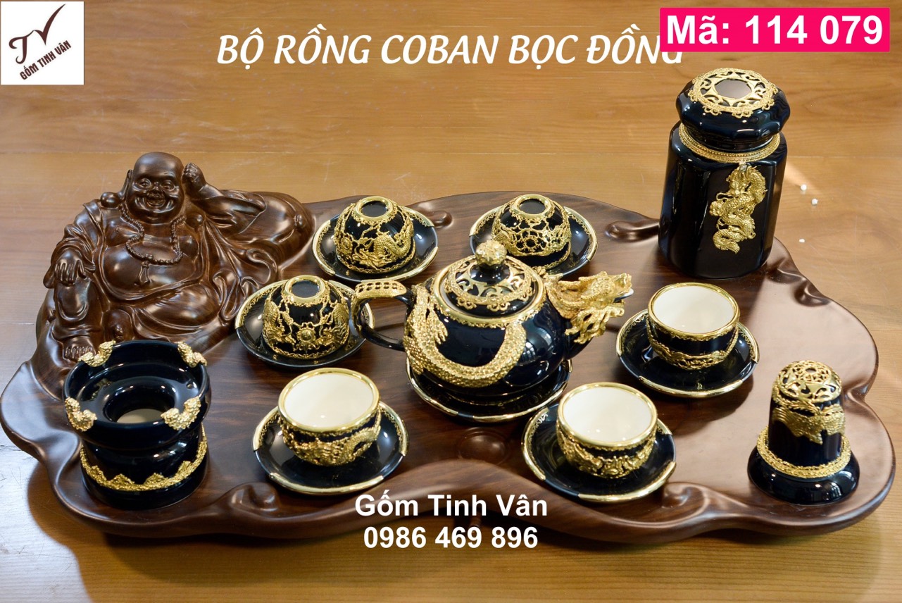 Bộ bình trà long cuốn thuỷ, hút tài lộc, bọc đồng cao cấp, mã 114079, men xanh đen, khay gỗ hương, gốm bát tràng
