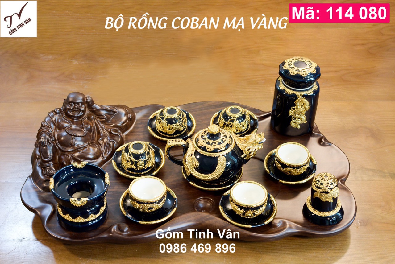 Bộ bình trà long cuốn thuỷ, hút tài lộc, mạ vàng cao cấp, mã 114080, men xanh đen, khay gỗ hương, gốm bát tràng