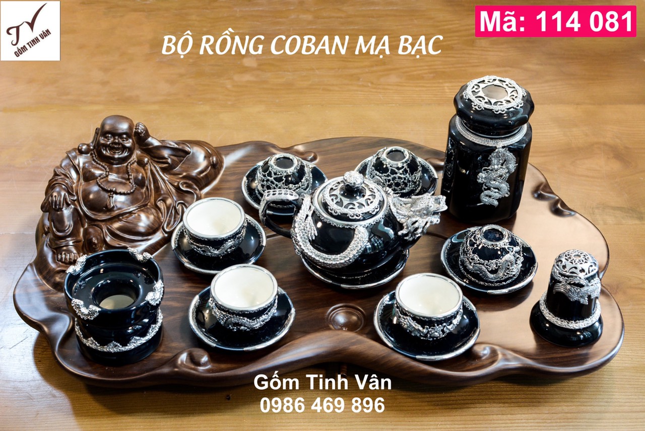 Bộ bình trà long cuốn thuỷ, hút tài lộc, mạ bạc cao cấp, mã 114081, men xanh đen, khay gỗ hương, gốm bát tràng