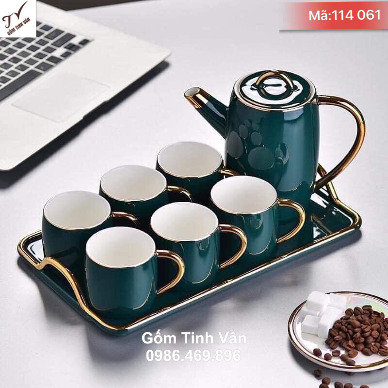 Bộ bình trà men xanh ngọc lục bảo vẽ vàng 24k, mã 114061, dung tích 1 lit, ấm chén trà cao cấp, ấm cao 20 cm, ly trà cao 6 đk 5 cm, khay 25x35 cm, bộ ấm chén vẽ vàng 24k xanh cổ vịt