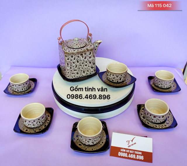 Bộ bình trà dáng vuông da báo, hoả biến, mã 115042, gốm sứ bát tràng tinh vân