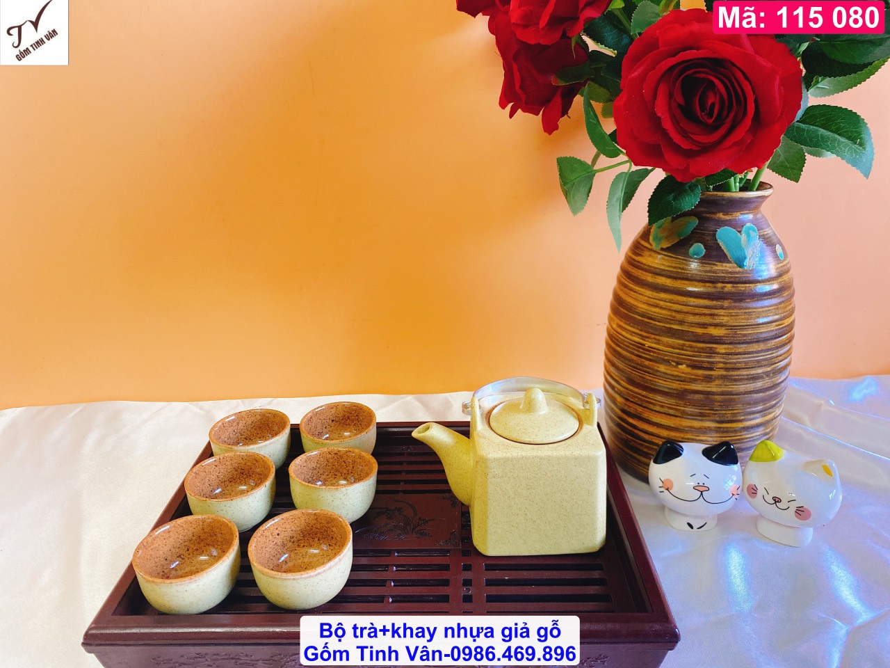 11 mẫu bộ trà dáng vuông, dáng lục lăng, mã 115080, men nâu gỗ, men xanh ngọc lục bảo, men hoàng thổ…, quai nhôm, 1 ấm, 6 ly, tặng kèm 1 khay nhựa giả gỗ 2 ngăn tiện dụng, bô ấm chén đẹp, gốm sứ bát tràng tinh vân
