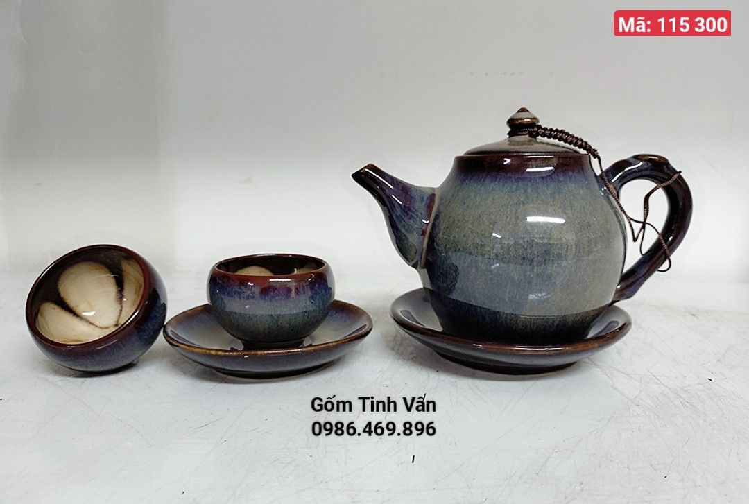 Bộ bình trà men hoạ biến ánh tím mã 115300 trọn bộ gồm 1 ấm,6 ly, 7 đĩa, ly lòng hoa đẹp mắt, màu men tự nhiên đẹp lạ mắt hiện đại,gốm sứ Bát Tràng Tinh Vân