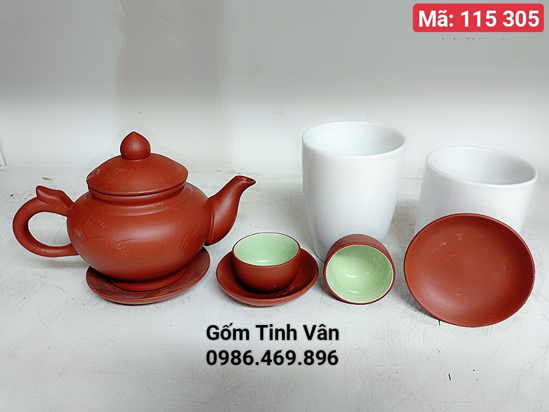 Bộ bình trà gốm tử sa đỏ, mã 115305 trọn bộ gồm 1 ấm,6 ly, 7 đĩa,hoạ tiết khắc lá trúc,cổ trang,mộc mạc,đậm chất Châu Á,gốm sứ Bát Tràng Tinh Vân