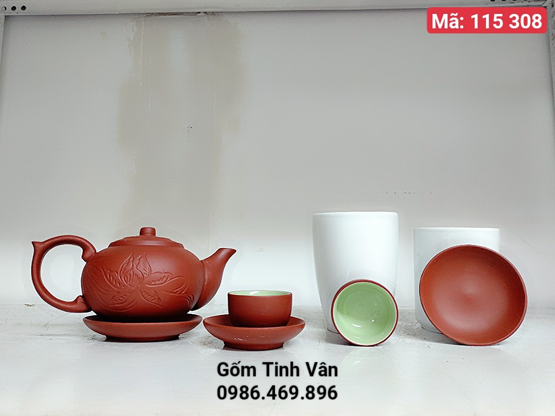 Bộ bình trà gốm tử sa đỏ, mã 115308 trọn bộ gồm 1 ấm,6 ly, 7 đĩa,hoạ tiết khắc hoa sen,cổ trang,mộc mạc,đậm chất Châu Á,gốm sứ Bát Tràng Tinh Vân
