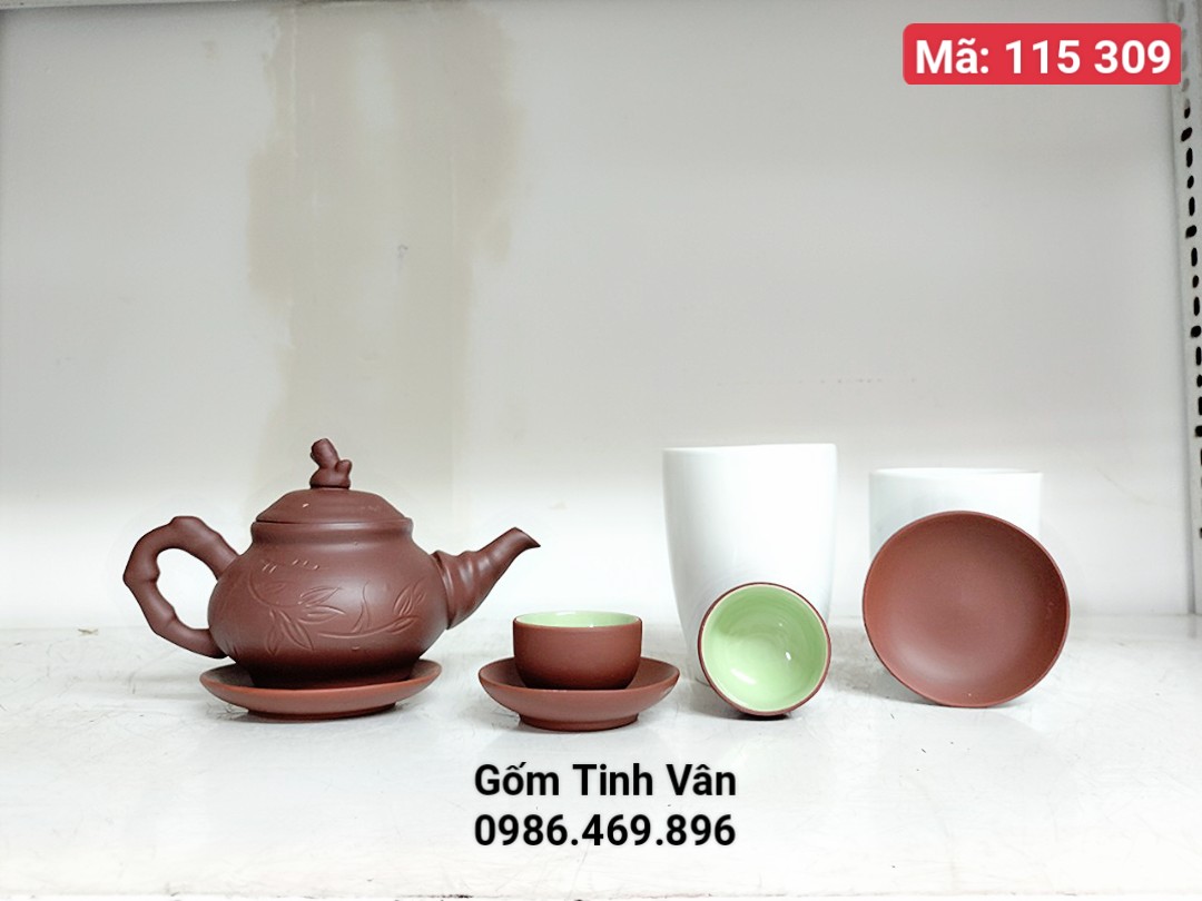 Bộ bình trà gốm tử sa nâu, mã 115309 trọn bộ gồm 1 ấm,6 ly, 7 đĩa,hoạ tiết khắc lá trúc,cổ trang,mộc mạc,đậm chất Châu Á,gốm sứ Bát Tràng Tinh Vân