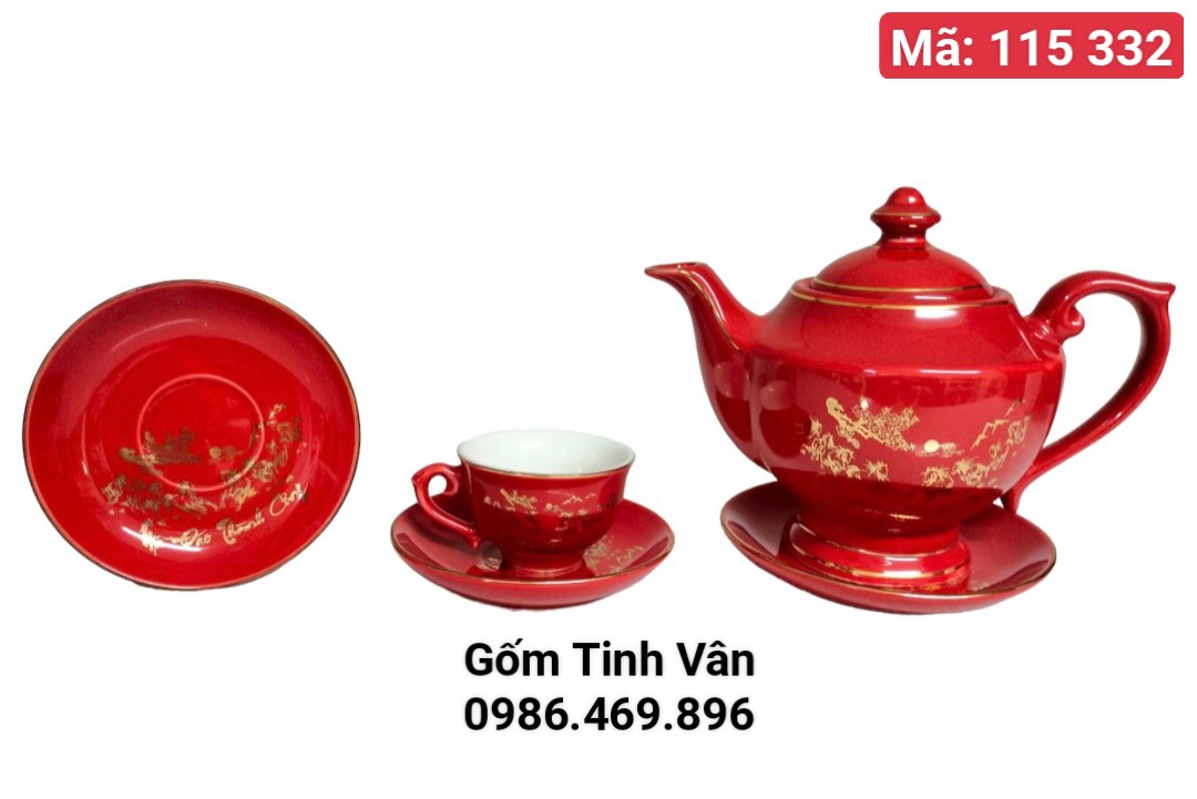 Bộ bình trà men đỏ vẽ vàng 24k cao cấp, mã 115332 dáng bình đèn thần quý tộc trọn bộ gồm 1 ấm,6 ly, 7 đĩa,gốm sứ Bát Tràng Tinh Vân