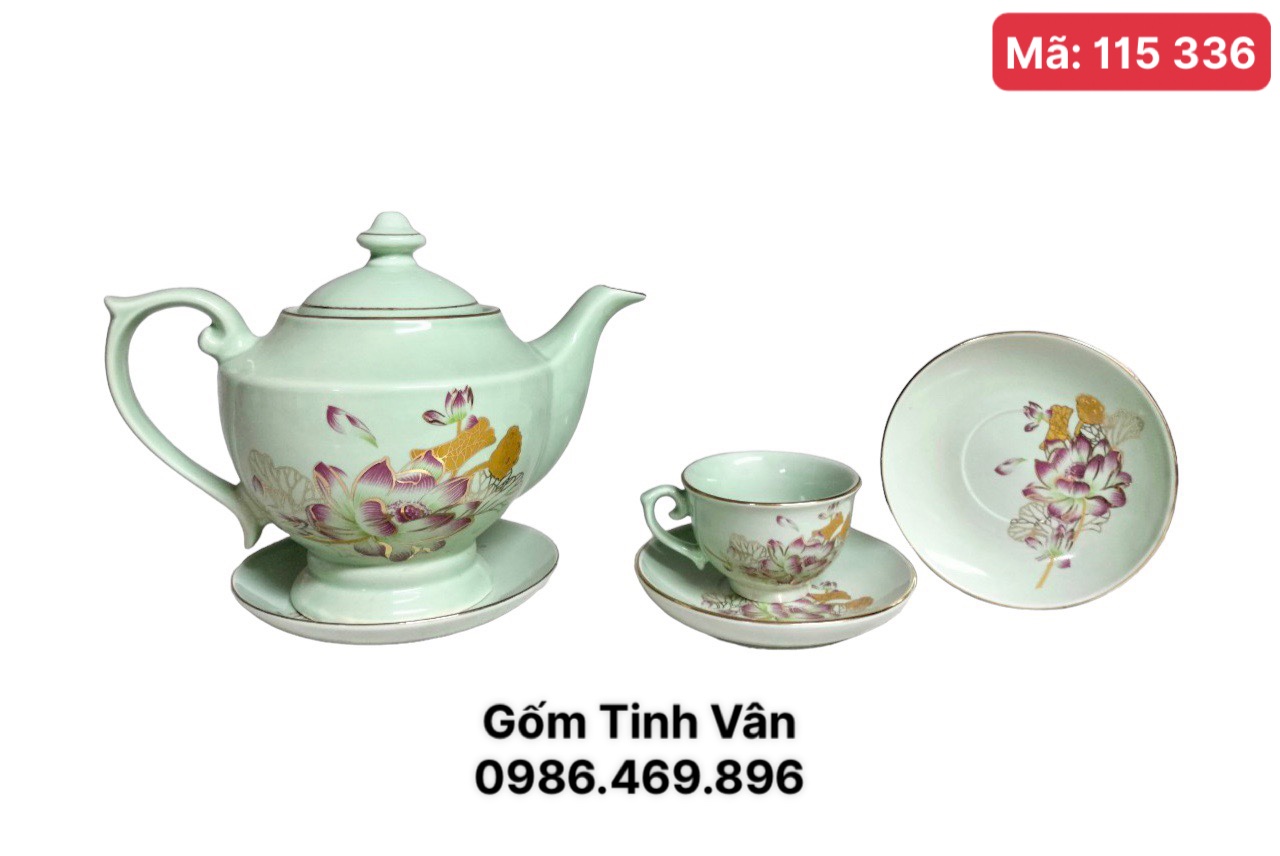 Bộ ấm chén men xanh ngọc bích mã 115336, hoạ tiết hoa sen hồng viền vàng 24k, sang trọng, cao cấp, làm quà tặng, trọn bộ gồm 1 ấm,6 ly,7 đĩa gốm Tinh Vân Bát Tràng