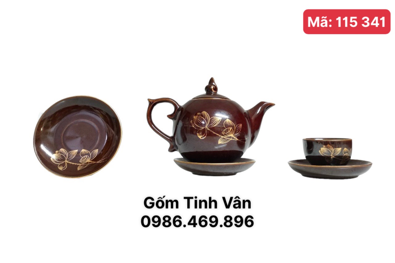 Bộ ấm chén men nâu về vàng chớp lửa mã 115341, hoạ tiết hoa sen viền  vàng 24k, sang trọng, cao cấp, làm quà tặng, trọn bộ gồm 1 ấm,6 ly,7 đĩa gốm Tinh Vân Bát Tràng