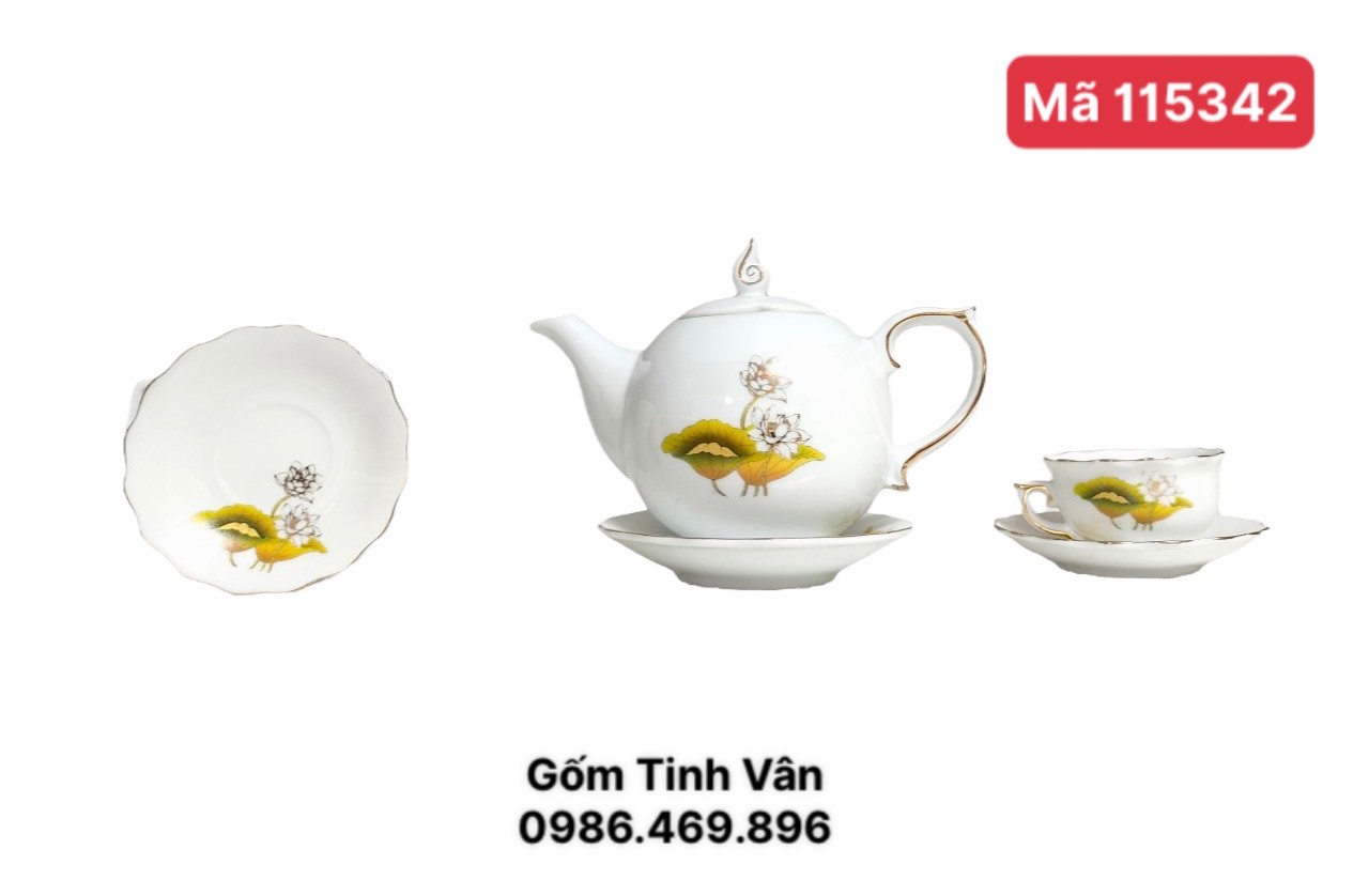 Bộ ấm chén men trắng,chóp lửa,mã 115342, hoạ tiết hoa sen vàng viền vàng 24k, sang trọng, cao cấp, làm quà tặng, trọn bộ gồm 1 ấm,6 ly,7 đĩa gốm Tinh Vân Bát Tràng