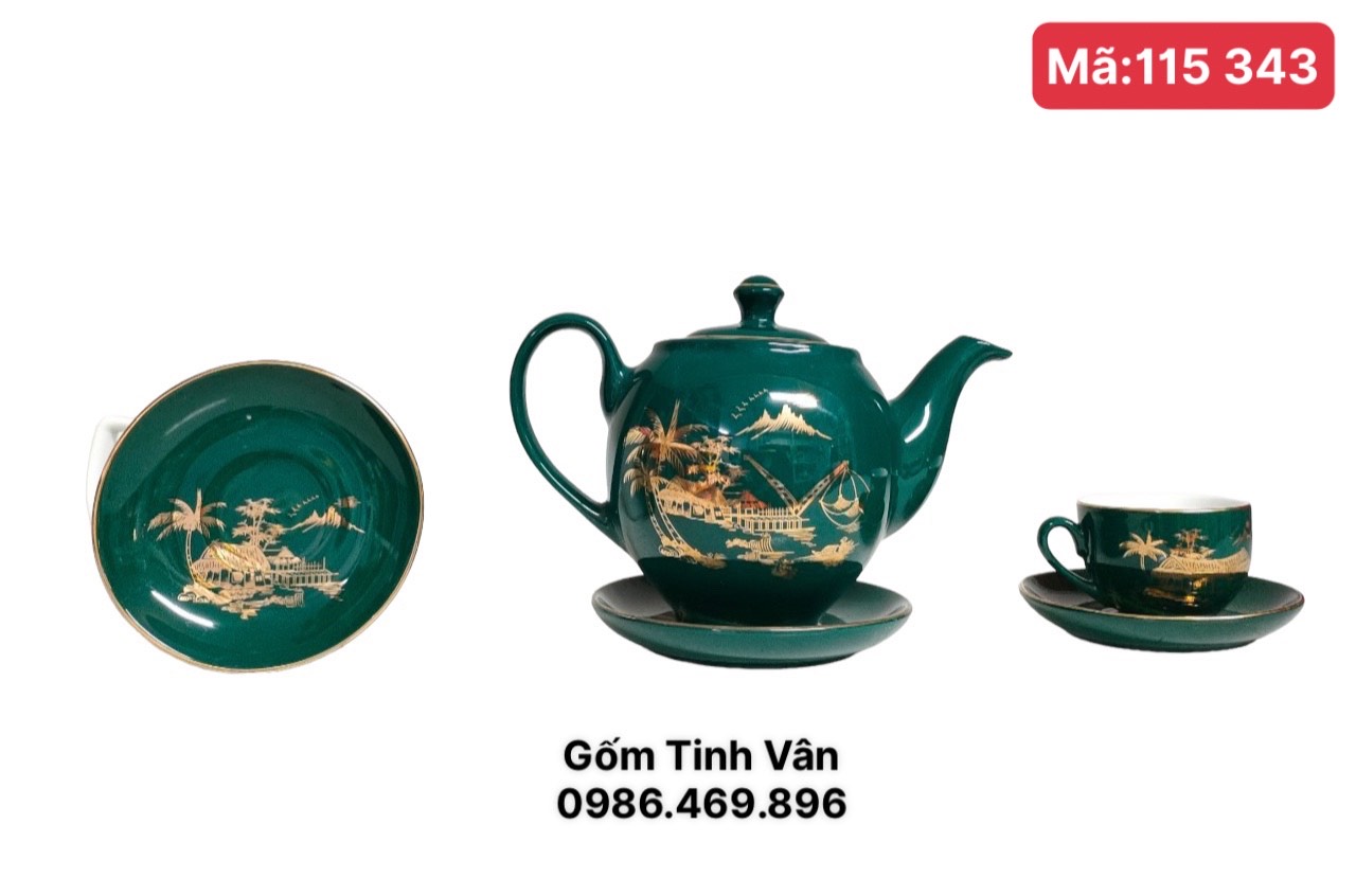 Bộ ấm chén men xanh ngoc bich mã 115343, hoạ tiết đồng quê viền vàng 24k, sang trọng, cao cấp, làm quà tặng, trọn bộ gồm 1 ấm,6 ly,7 đĩa gốm Tinh Vân Bát Tràng