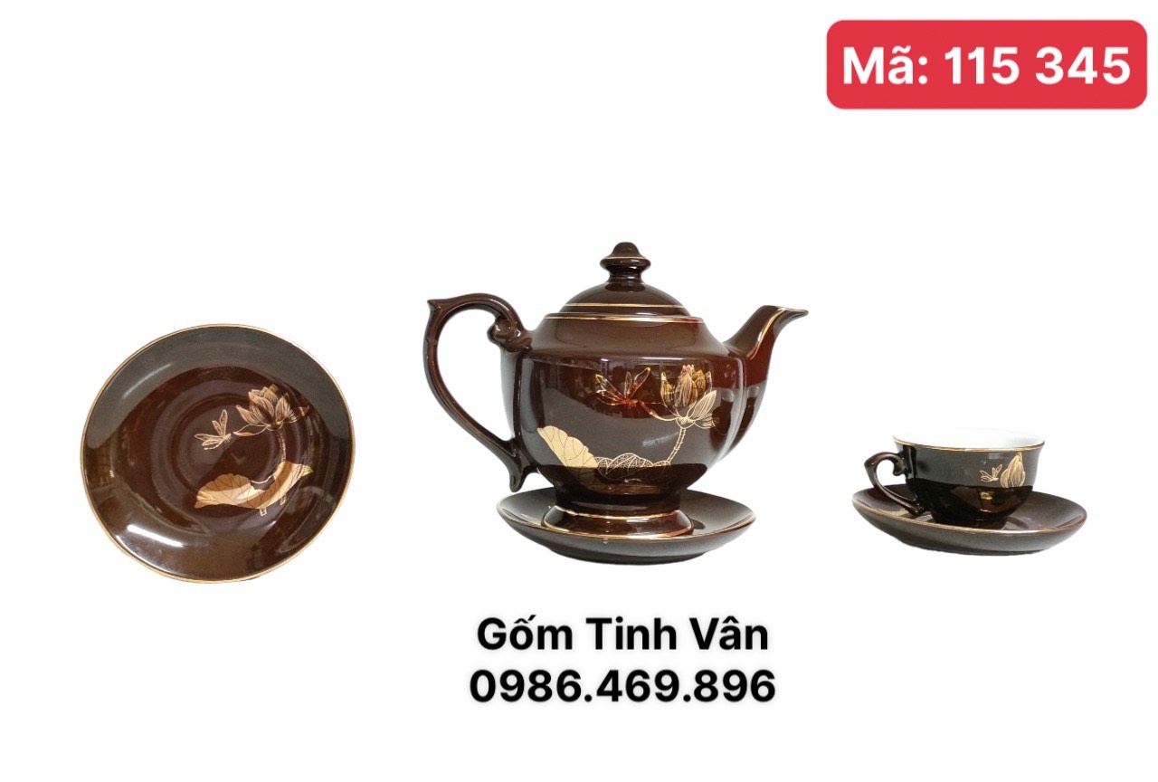 Bộ ấm chén men nâu về vàng mã 115345,hoạ tiết hoa sen viền  vàng 24k, sang trọng, cao cấp, làm quà tặng, trọn bộ gồm 1 ấm,6 ly,7 đĩa gốm Tinh Vân Bát Tràng