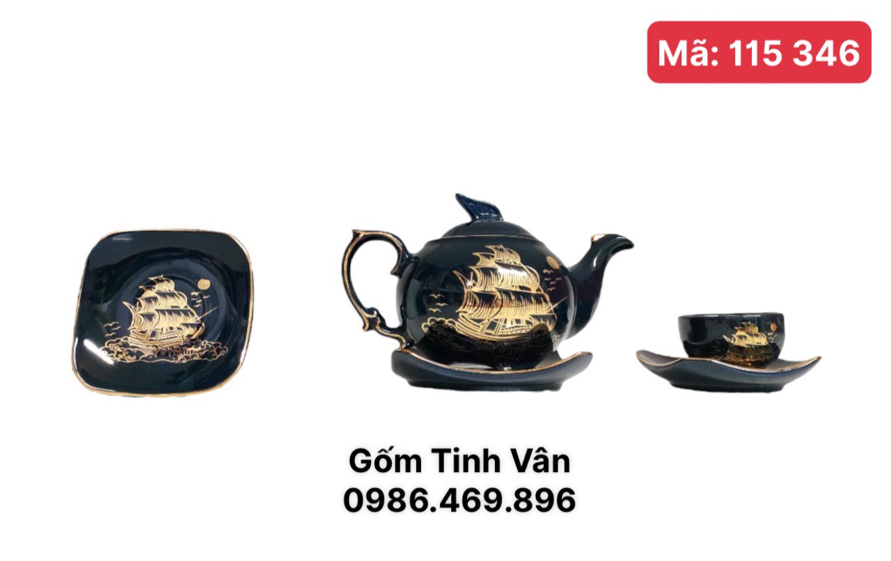 Bộ ấm chén men nâu đen ,mã 115346,hoạ tiết thuận buồm xuôi gió viền vàng 24k, sang trọng, cao cấp, làm quà tặng, trọn bộ gồm 1 ấm,6 ly,7 đĩa gốm Tinh Vân Bát Tràng