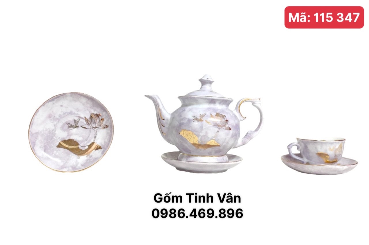 Bộ ấm chén men vân đá trắng tím mã 115347,hoạ tiết hoa sen viền vàng 24k, sang trọng, cao cấp, làm quà tặng, trọn bộ gồm 1 ấm,6 ly,7 đĩa gốm Tinh Vân Bát Tràng