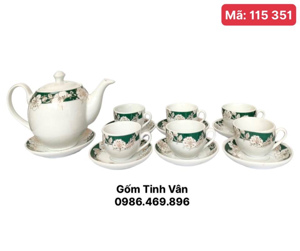 Bộ ấm chén men trắng mã 115351,hoạ tiết dây viền xanh hoa mai,đào,làm quà tặng,trọn bộ gồm 1 ấm,6 ly,7 đĩa gốm Tinh Vân Bát Tràng