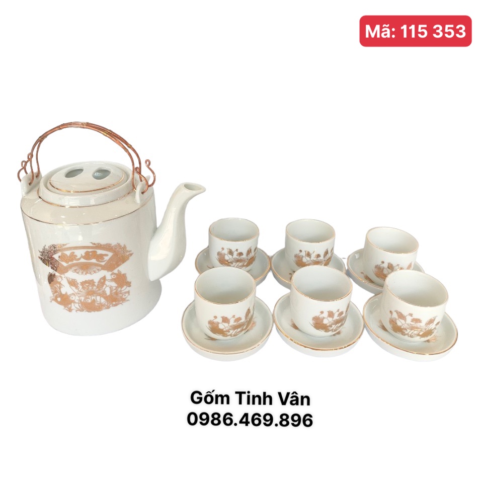 Bộ ấm tích quai đồng vẽ vàng 24k cao cấp,mã 115353,làm quà tặng,trọn bộ gồm 1 ấm,6 ly,6đĩa gốm Tinh Vân Bát Tràng