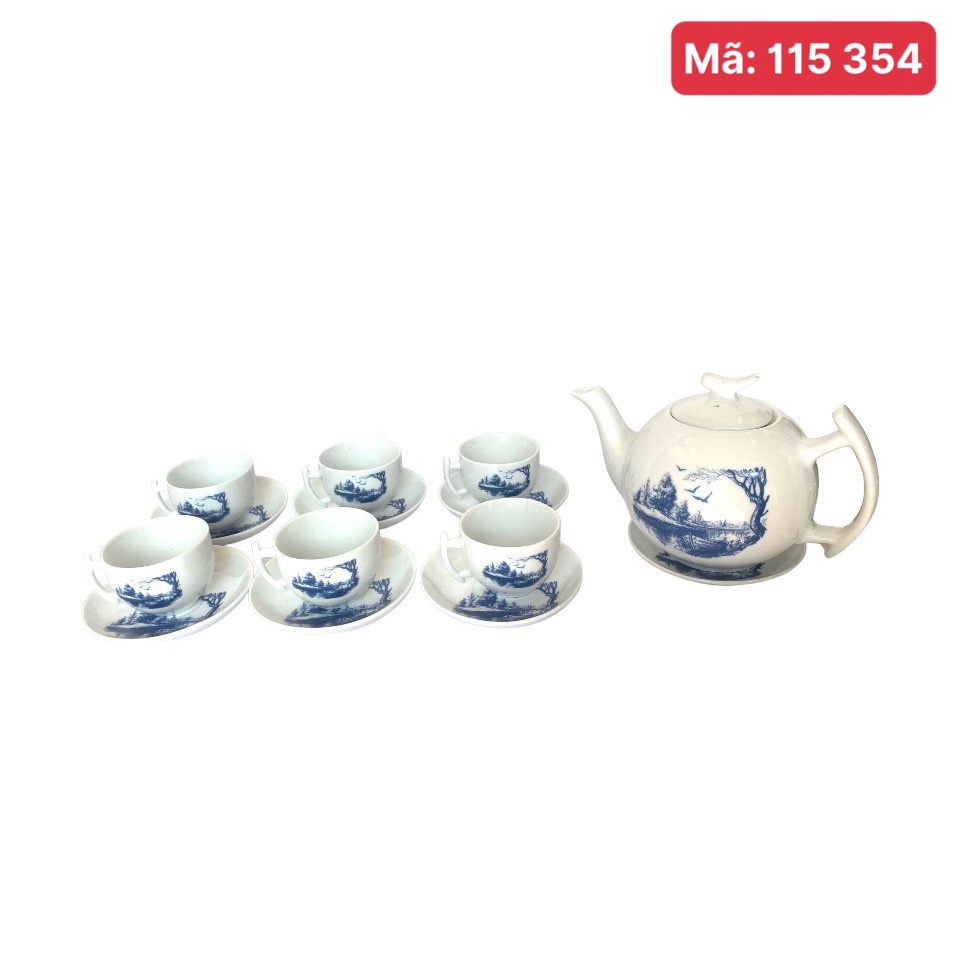 Bộ ấm chén men trắng xanh lam mã 115354,hoạ tiết sông nước hữu tình,làm quà tặng,trọn bộ gồm 1 ấm,6 ly,7 đĩa gốm Tinh Vân Bát Tràng