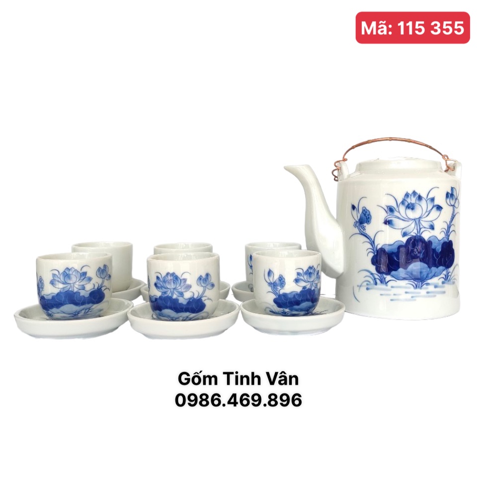 Bộ ấm tích quai đồng men trắng hoa sen xanh lam,mã 115355,làm quà tặng,trọn bộ gồm 1 ấm,6 ly,6đĩa gốm Tinh Vân Bát Tràng