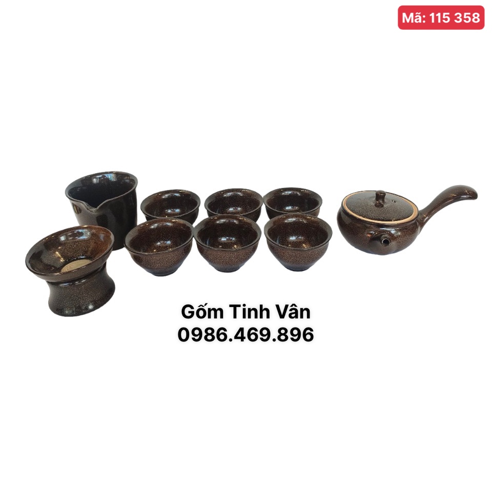 Bộ ấm chén men nâu đen vân đá mã 115358, quai ngang phong cách hiện đại,nhỏ gọn,đơn giản,trọn bộ gồm 1 ấm,6 ly, 1 tráng trà,1 lược trà gốm Tinh Vân Bát Tràng