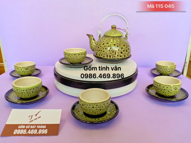 Bộ ấm chén trà, xanh cốm hoả biến, mã 115045, men hoả biến, gốm sứ bát tràng tinh vân
