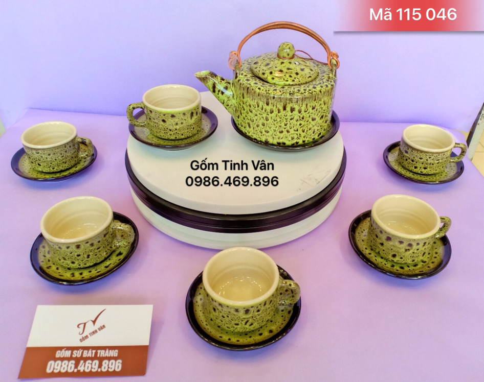 Bộ ấm chén trà, xanh cốm hoả biến, mã 115046, men hoả biến, dáng vuông, gốm sứ bát tràng tinh vân