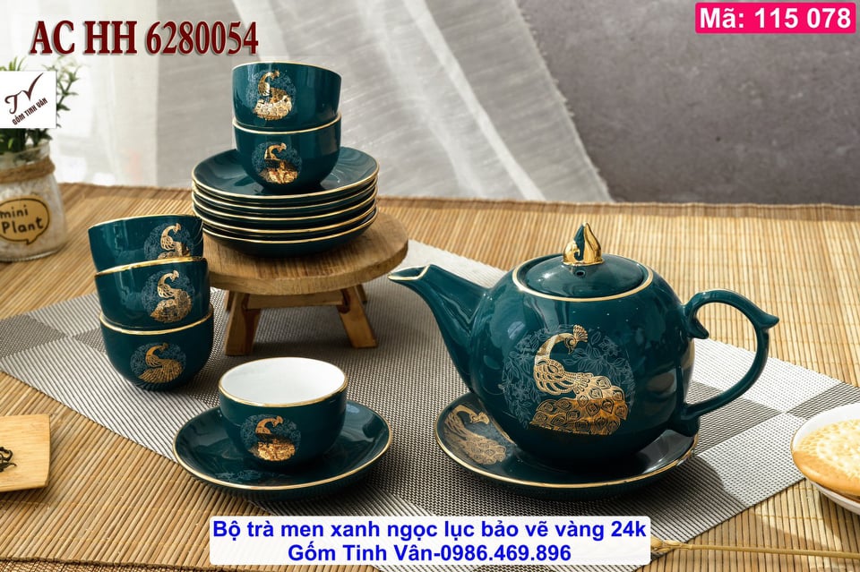 Video 50 mẫu bộ trà men xanh ngọc lục bảo vẽ vàng 24 k cao cấp, mã 115078, gốm sứ bát tràng tinh vân