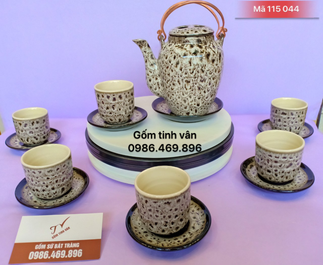 Bộ ấm chén trà da beo, mã 115044, men hoả biến, gốm sứ bát tràng tinh vân