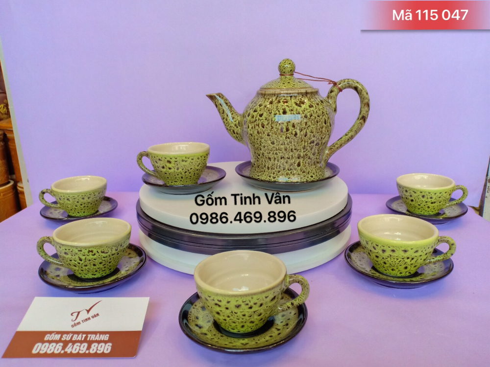 Bộ ấm chén trà, xanh cốm hoả biến, mã 115047, men hoả biến, dáng tròn cao, gốm sứ bát tràng tinh vân