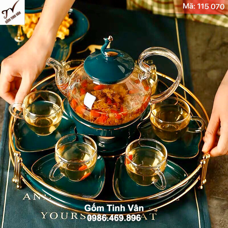Bộ bình trà hoa, mã 115070, gốm sứ & thuỷ tinh, men xanh lục bảo vẽ vàng 24 k sang trọng, khay gốm sứ kết hợp kim loại đẳng cấp, gốm tinh vân