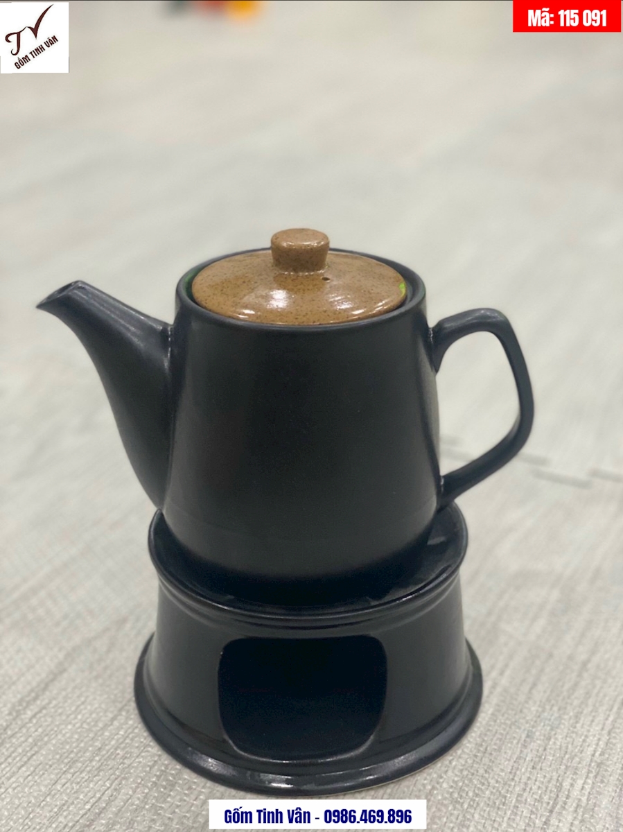 Bếp hâm nóng bình trà, mã 115091, men gốm trắng và nâu đen, đốt nến ( đèn cầy), đốt cồn, gốm bát tràng tinh vân