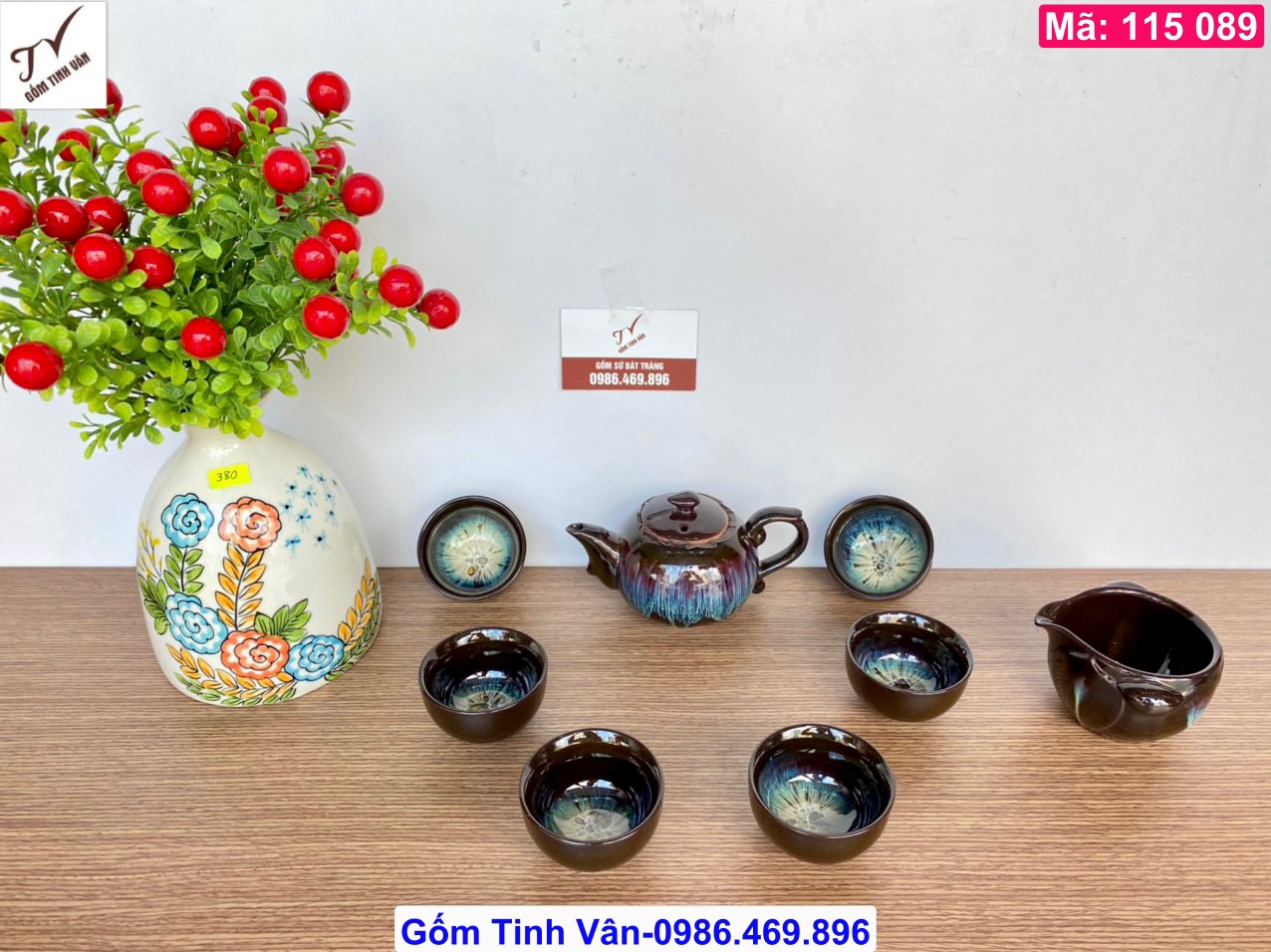 Bộ ấm chén trà men xanh hoả biến, mã 115089, 1 ấm 450ml, 6 ly, 1 tống chuyên trà, gốm bát tràng tinh vân