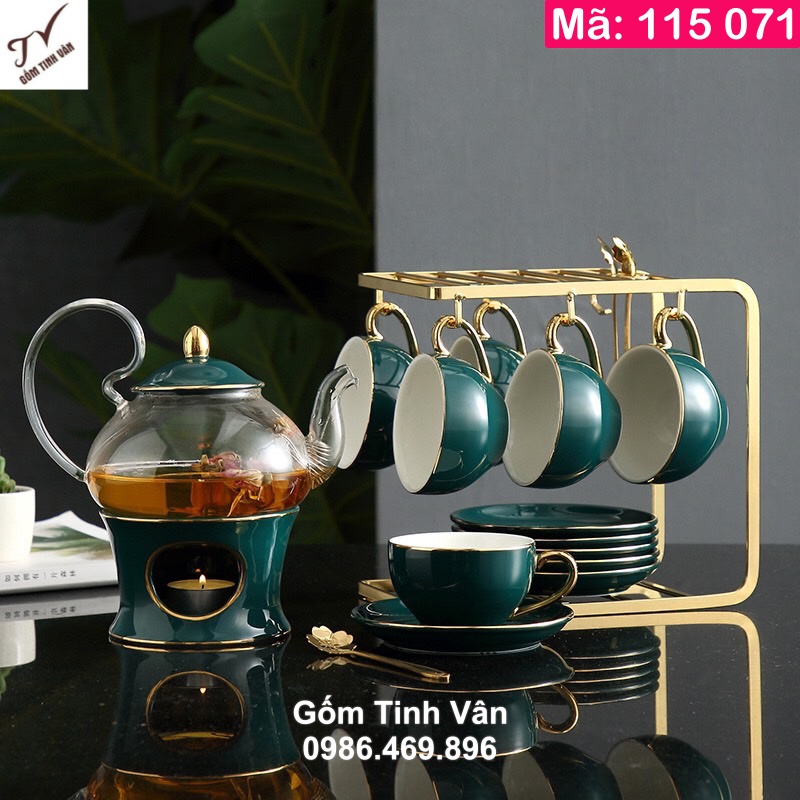 Bộ bình trà gốm sứ cao cấp men xanh rêu sang trọng, mã 115071, kết hợp thuỷ tinh và giá treo cao cấp