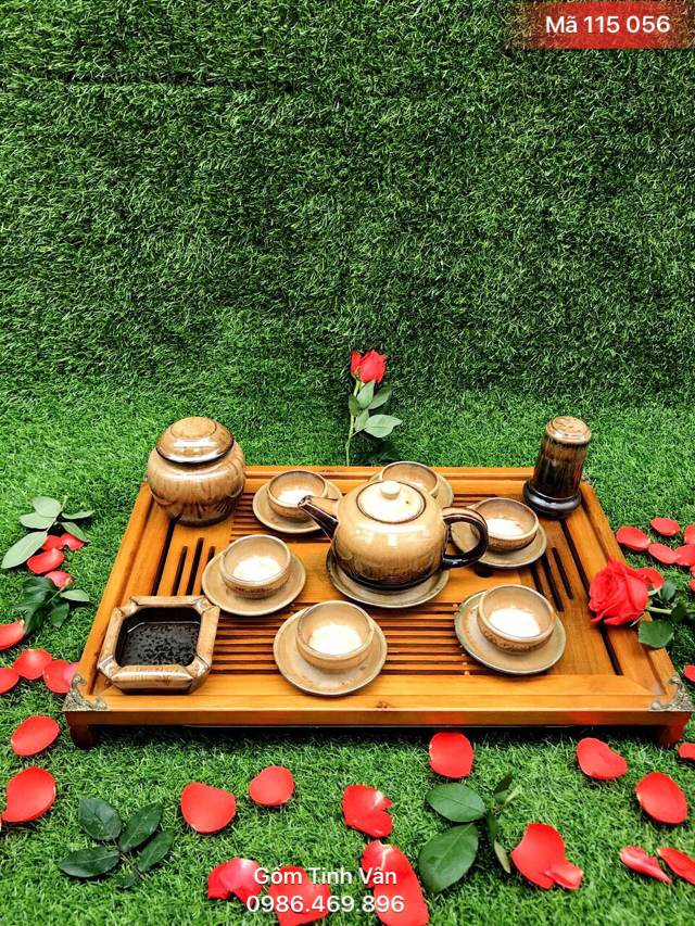 Bộ bình trà khay gỗ, men nâu hoả biến, mã 115056, vân đá cẩm thạch, có phụ kiện, gốm bát tràng, tinh vân